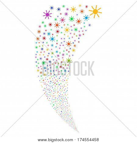 Sun random fireworks stream. Vector illustration style is flat bright multicolored iconic symbols on a white background. Object fountain combined from scattered design elements.