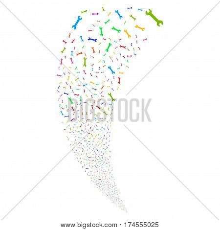 Wrench random fireworks stream. Vector illustration style is flat bright multicolored iconic symbols on a white background. Object fountain done from scattered pictograms.