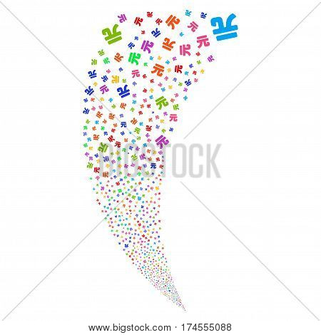 Yuan Renminbi random fireworks stream. Vector illustration style is flat bright multicolored iconic symbols on a white background. Object fountain created from scattered pictographs.