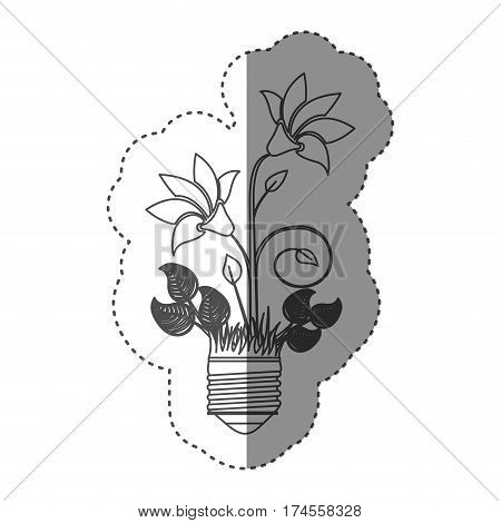 sticker grayscale contour with light bulb base with plant with flowers vector illustration