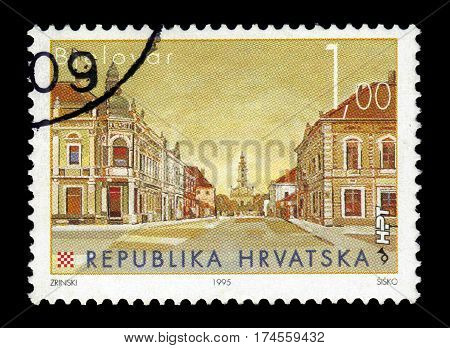 Croatia  - CIRCA 1995: A stamp printed in Croatia  shows Bjelovar, city in central Croatia. It is the administrative centre of Bjelovar-Bilogora County, circa 1995