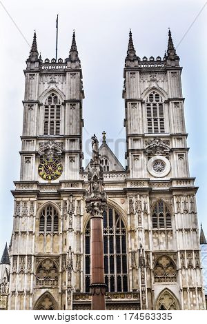 Front Facade Westminster Abbey Church London England. Westminister Abbey has been the burial place of Britain's monarchs since the 11th century and is the setting for many coronations and weddings.