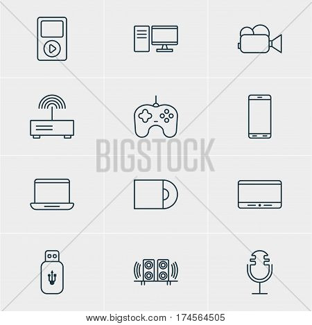 Vector Illustration Of 12 Hardware Icons. Editable Pack Of Loudspeaker, Usb Card, PC And Other Elements.