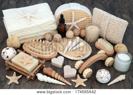 Natural skincare and spa beauty cleansing products with bathroom accessories.