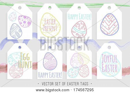 Vector set of Easter tags collection with colored eggs.