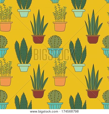 Seamless pattern with plants. Seamless vector pattern with cacti in pots. Stock vector