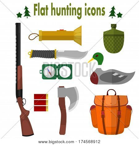 Hunting Icons. Set of vector icons of hunting. Illustration for hunting objects: knife an ax a backpack a gun a compass a cartridge a flashlight water bottle bait. Stock vector