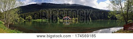 Golcuk Lake natural park with beautiful reflection in Bolu, Turkey.