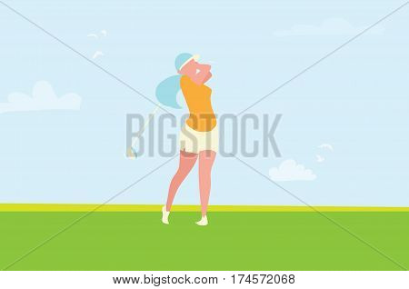 Beautiful golf girl. Female golfer. Sport game Tournament. Player teeing-off. Swing golf ball. Summertime.Sport wear. Vector illustration