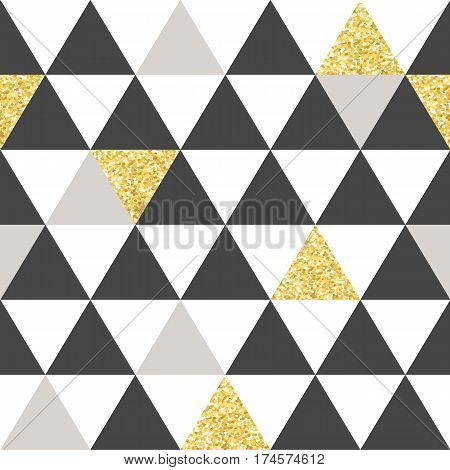 Geometric vector pattern with white, grea and golden triangles. Seamless abstract background