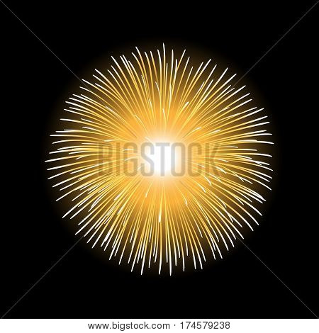 Firework gold sparkle isolated background. Beautiful golden fire explosion decoration holiday Christmas New Year birthday. Symbol festival American 4th july celebration. Vector illustration