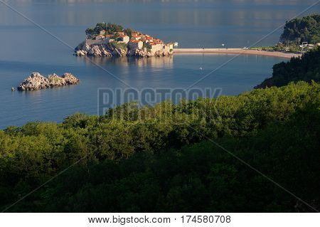 Sveti Stefan island near city of Budva, Montenegro on Adriatic coast.