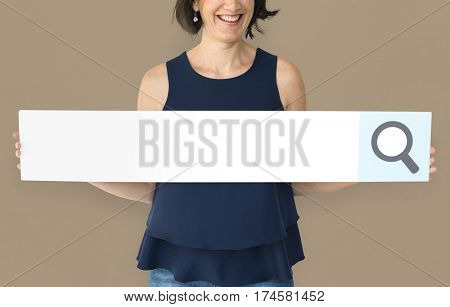 Happiness woman holding searching banner studio portrait