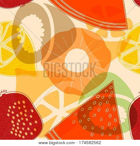 Seamless pattern with fruits: watermelon orange kiwi pomegranate melon apple pineapple. Colorful vector pattern flat style. Stock vector
