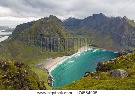 Kvalvika beach Lofoten islands from Ryten mountain