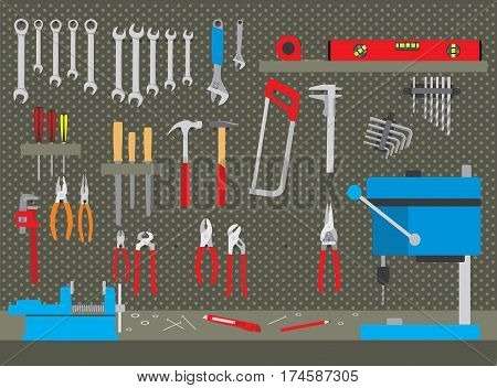 Repair and construction working tools collection in workshop