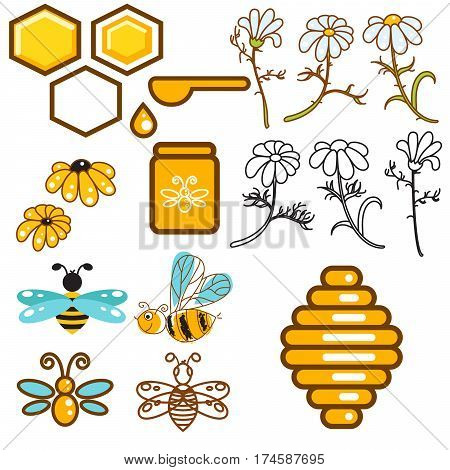 Honeybee and flowers apiary vector icon set. Bees, honey jar and vespiary objects.