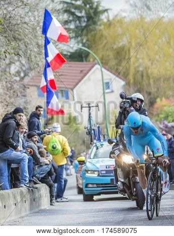 Conflans-Sainte-HonorineFrance-March 62016: The Dutch cyclist Lars Boom of Astana Team riding during the prologue stage of Paris-Nice 2016.