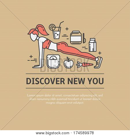 Design concept with thin line icons of healthy living lifestyle, food and fitness training elements. Outline logo template isolated on white background.