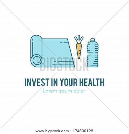 Design concept with thin line icons of healthy living lifestyle, food and fitness training elements. Outline logo template isolated on white background.