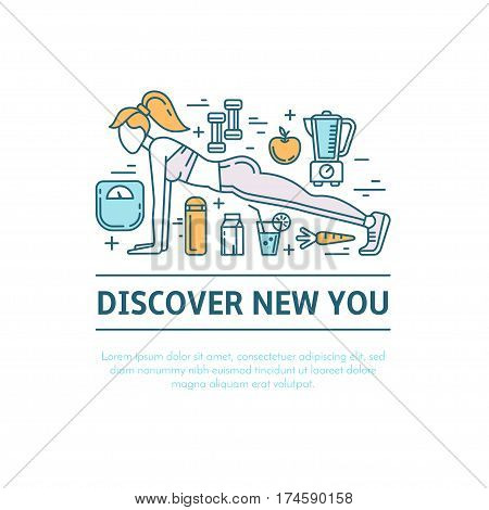 Design concept with thin line icons of healthy living lifestyle, food and fitness training elements. Outline logo template isolated on white background.