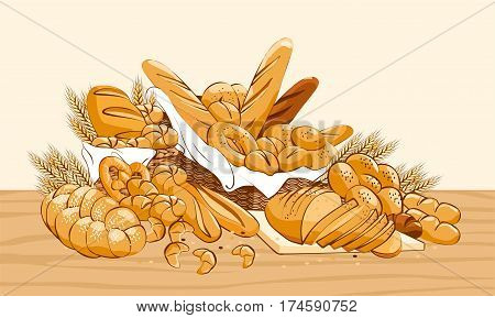 Bakery products basket with bread and other pastries