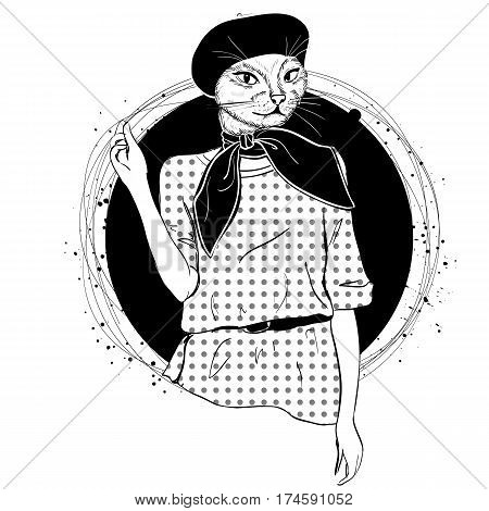 Vector elegant woman with cats head with beret and scarf monochrome