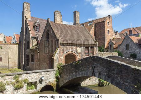 Famous medieval St Bonifacius Bridge in historic center of Bruges.(Belgium). Horizontally.