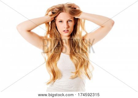Beautiful young woman with gorgeous hairstyle.