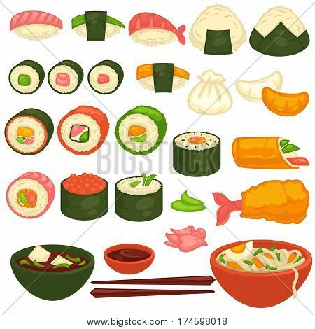 Sushi rolls icons template for Japanese cuisine restaurant menu design elements. Salmon maki and tuna nigiri in nori seaweed, steamed rice dumplings, miso soup and udon noodles. Vector isolated set