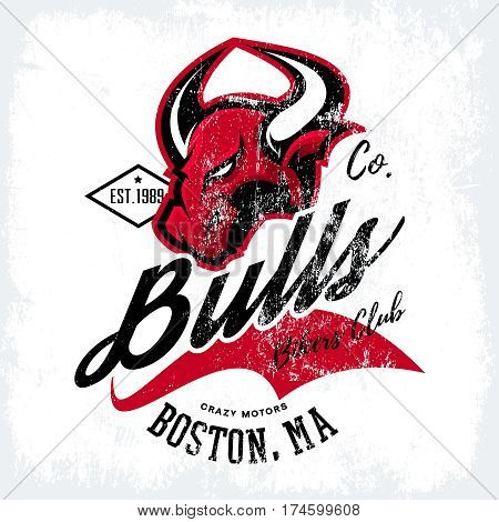 Vintage American furious bull bikers club tee print vector design isolated on white background. 
Massachusetts, Boston street wear t-shirt emblem. Premium quality wild animal superior logo concept illustration.