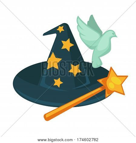Witch hat with stars, magic wand and dove isolated on white background. Vector illustration of cartoon elements for making fairy things. Attributes for performance in circus, set of accessories
