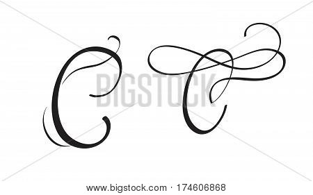 art calligraphy letter C with flourish of vintage decorative whorls. Vector illustration EPS10.