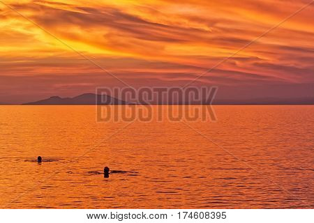 Silhouette of a Couple swimming in the sea against the backdrop of the sun setting on a beach with beautiful dramatic orange and red sky.