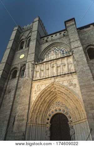Avila (Castilla y Leon Spain): historic cathedral exterior at evening