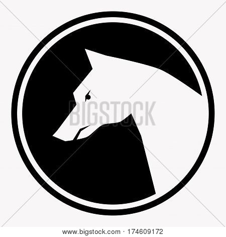 Warning logo attention round symbol isolated on white. Vector sign that shows danger with side view of white wolf silhouette in black circle. Vector illustration of warning and danger attention badge