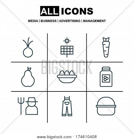 Set Of 9 Garden Icons. Includes Garlic, Package, Jar And Other Symbols. Beautiful Design Elements.