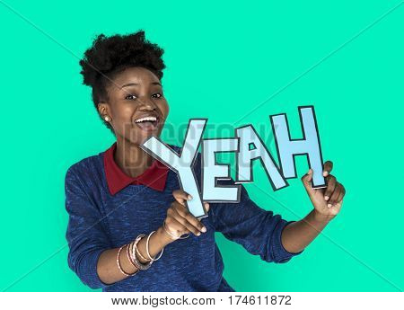 Smiling African Woman Holding Yeah Word