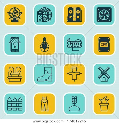 Set Of 16 Farm Icons. Includes Garden Clothes, Bailer, Water Monument And Other Symbols. Beautiful Design Elements.