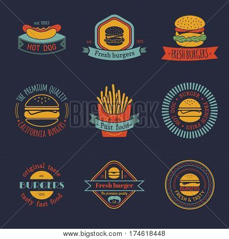 Vector vintage fast food logo set. Retro eating signs collection. Burger, hot dog etc. emblems. Bistro, snack bar, restaurant, cafe, american diner icons.