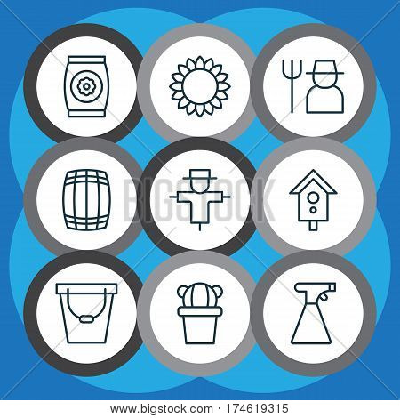 Set Of 9 Farm Icons. Includes Grower, Bugbear, Pail And Other Symbols. Beautiful Design Elements.