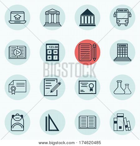 Set Of 16 School Icons. Includes College, Certificate, Education Center And Other Symbols. Beautiful Design Elements.