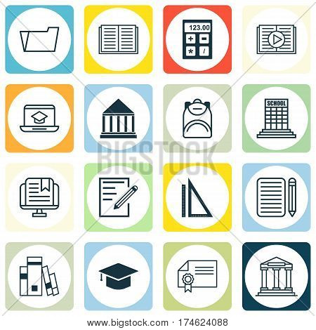 Set Of 16 School Icons. Includes Electronic Tool, Measurement, Education Center And Other Symbols. Beautiful Design Elements.