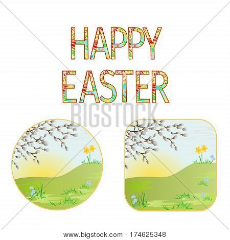 Buttons Happy easter spring meadow with willow vintage illustration