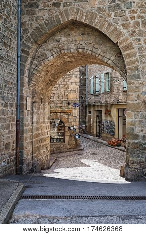 Largentiere France September 17 2015: The narrow shopping street in the city.