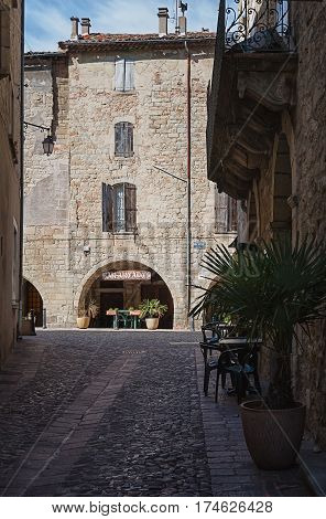 Largentiere France September 17 2015: Image of restaurants in a streets in the center of Les Vans in the Ardeche region of France