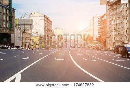 Almost empty wide multilane city street in Moscow