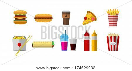 Vector icons sweet fast food elements. Restaurant breakfast menu isolated symbols. Cake design kitchen beverage dinner and dessert different meal.