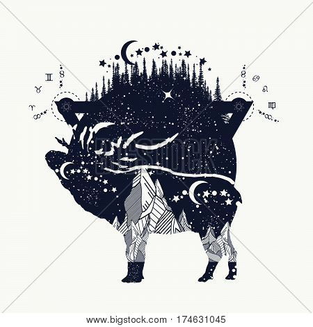 Deer against the background of mountains tattoo. Reindeer in the night wood t-shirt design. Adventure travel outdoors symbol tattoo boho style