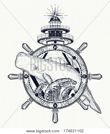 Whale steering wheel lighthouse tattoo art. Travel adventure outdoors tattoo symbol. Whale tattoo for hipsters travelers. Water waves in the sea marine boho tattoo